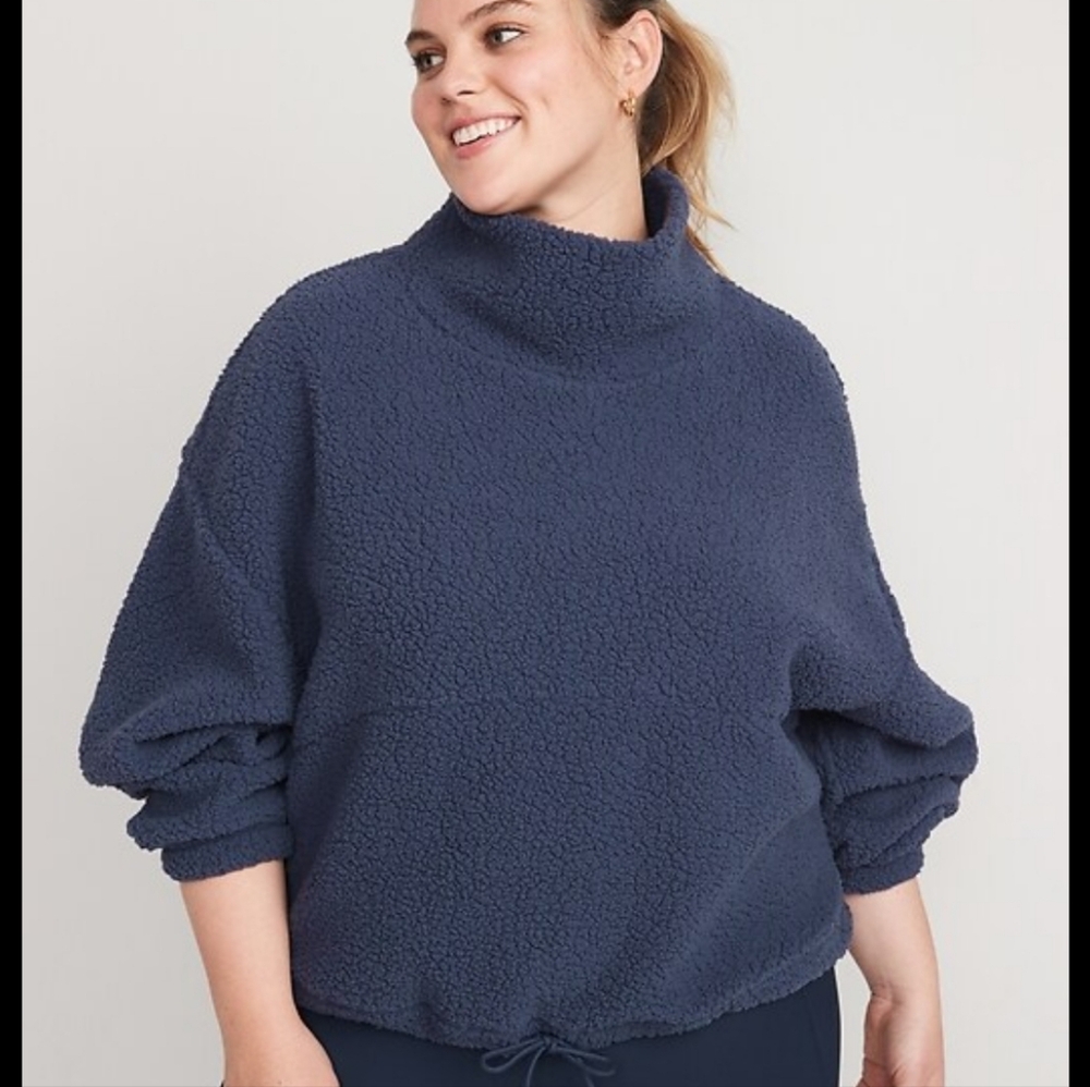 Old Navy Blue Sherpa Cropped Drawstring Turtleneck Sweater Size XL